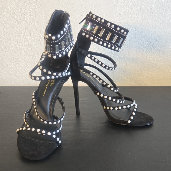 Chic Black Strappy Heels with Studded Details - Picture 1 of 10